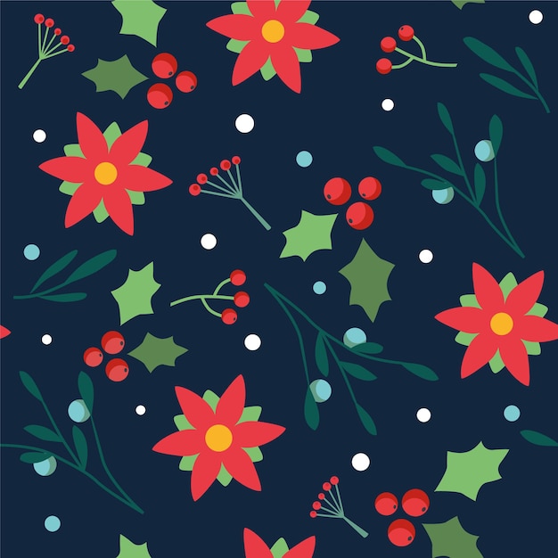 Seamless floral pattern with christmas flowers and berries