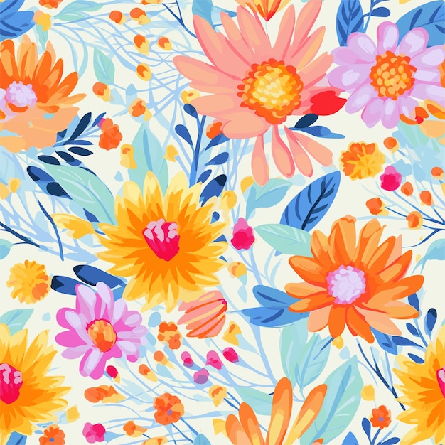 Vector seamless floral pattern with colorful flowers collage pattern