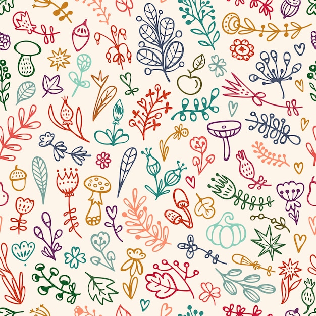 Seamless floral pattern with doodles flowers, branches and leaves