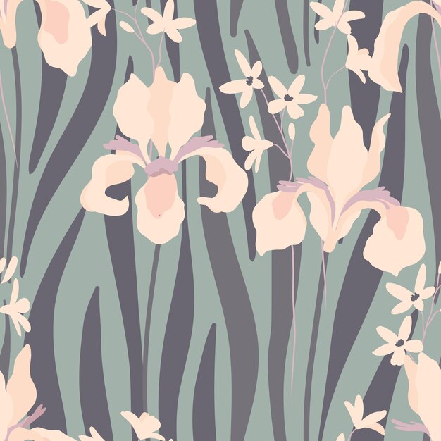 Seamless floral pattern with elegant iris flowers dark leaves on a gray field Vector print