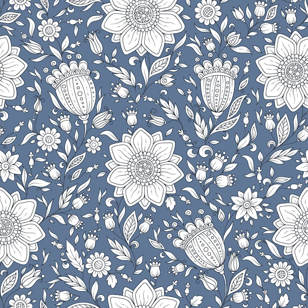 Vettore seamless pattern floreale con piante e fiori di fantasia