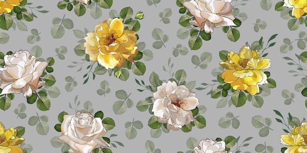 Seamless floral pattern with flowers cream and yellow rose and green leaves