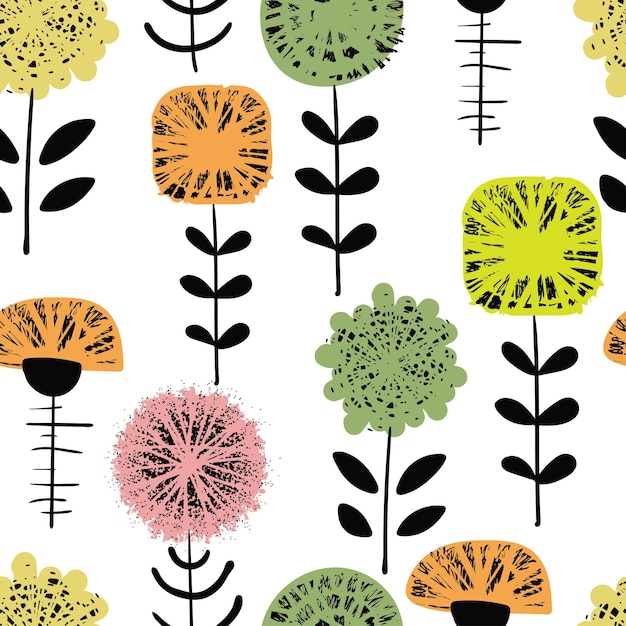 Vector seamless floral pattern with flowers leaves branches abstract background in grunge style