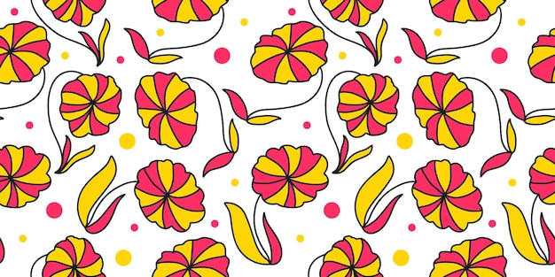 패션 벽지 포장지 배경 패브릭 섬유 의류 및 카드 디자인을 위한 그루비 스타일 꽃 모티브와 원활한 플로랄 패턴