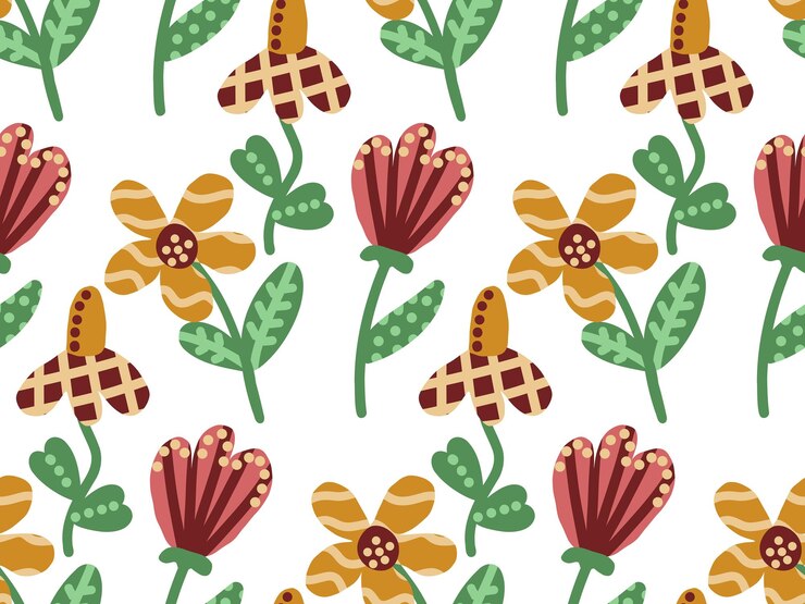 Vector seamless floral pattern with handdrawn abstract flowers and leaves in warm earthy tones