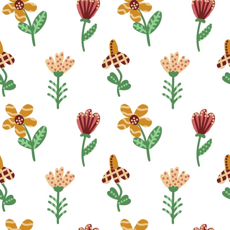 Vector seamless floral pattern with handdrawn stylized flowers in warm earthy tones featuring vintage