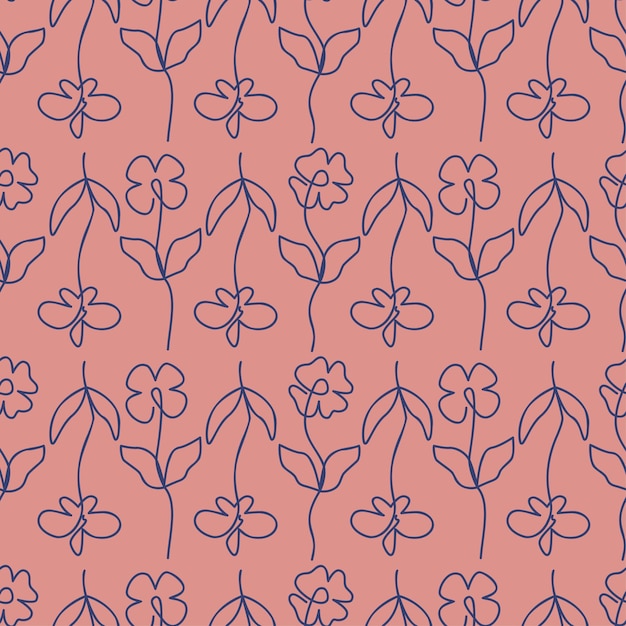 Seamless floral pattern with line art hand drawn simple flowers and leaves