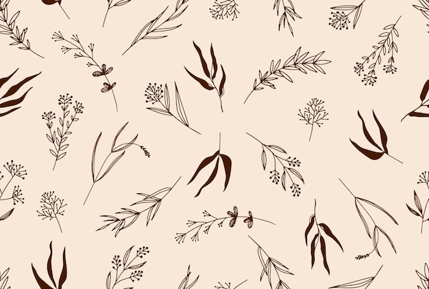 Seamless floral pattern with one line flowers Vector hand drawn illustration