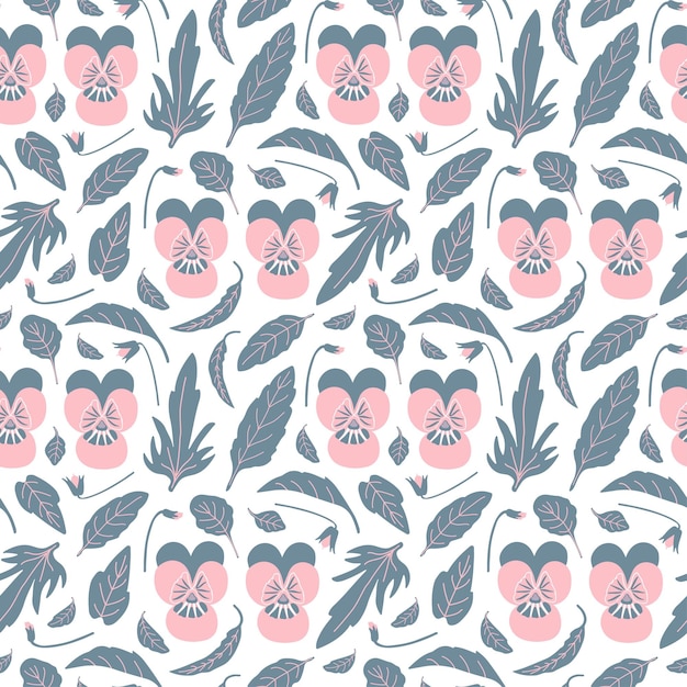 Vector seamless floral pattern with pansies and leaves in pink white and grey blue colors