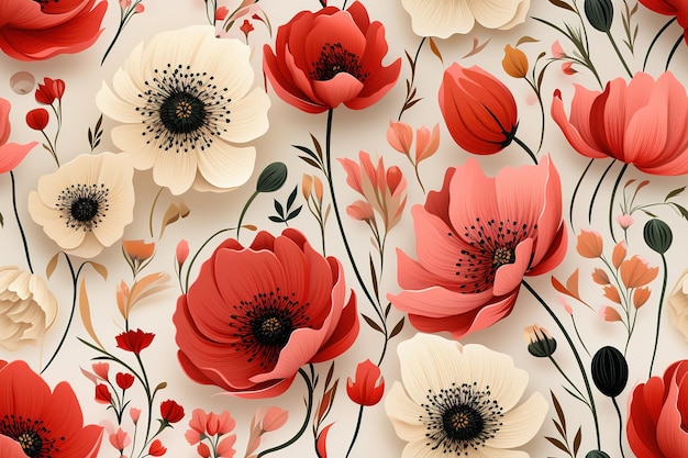 Seamless floral pattern with pink anemones Vector illustration