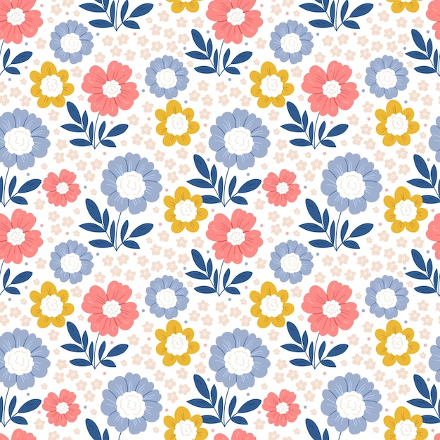 Vector seamless floral pattern with pink flowers and leaves on a blue background