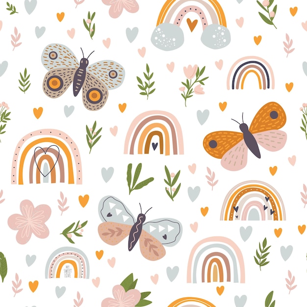 Seamless floral pattern with rainbows and butterflies on a white background