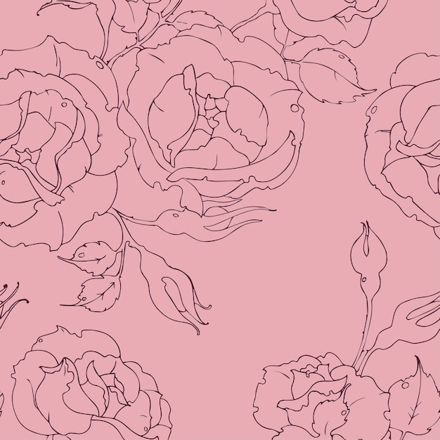 Seamless floral pattern with silhouette roses on pink background