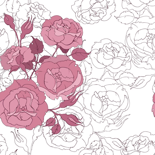 Seamless floral pattern with  tender pink roses on white background