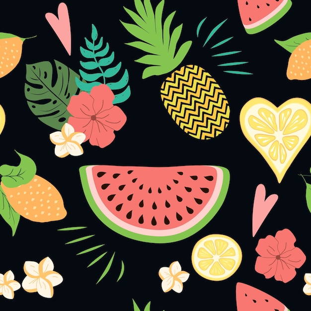 Seamless floral pattern with tropical flowers summer fruit\
exotic fresh natural fruits flowers