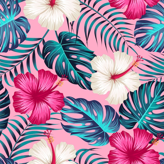 Seamless pattern floreale con foglie tropicali