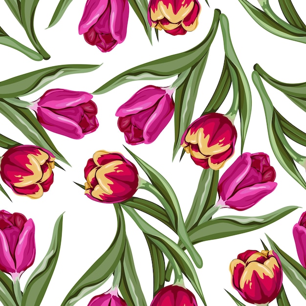 Seamless floral pattern with tulips flowers hand drawn vector illustration