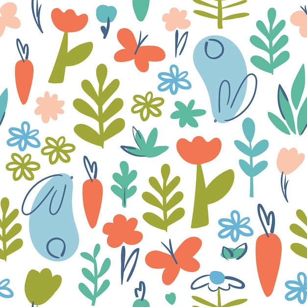 Vector seamless floral patterns a simple pattern of easter with details of leaves carrots rabbit