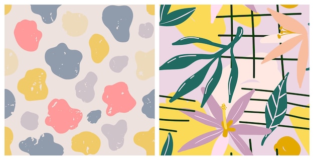 Seamless floral and spots pattern set Tropical vibe