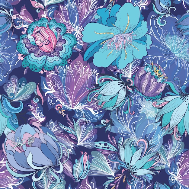 Seamless floral texture with doodle lily, lotus and peonies on dark blue background