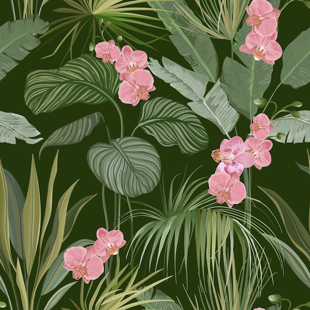 Бесшовный цветочный тропический принт с экзотическими цветами и цветками орхидей, природный орнамент для текстиля или оберточной бумаги. Листья джунглей на темно-зеленом фоне, растения тропических лесов. Векторные иллюстрации