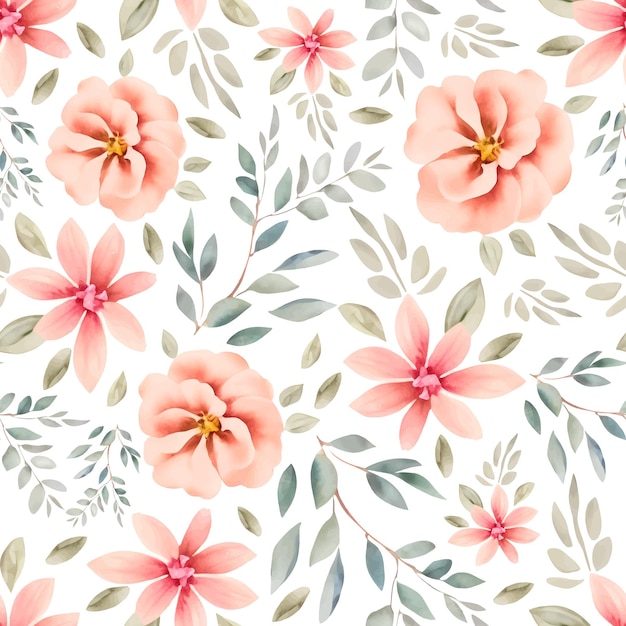 Seamless floral watercolor pattern with garden pink flowers roses and green leaves Vector illustration