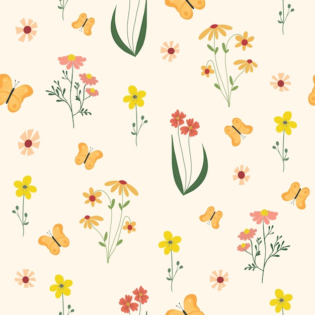 Seamless flower pattern Bright floral background with blossoms and blooms print Colored flat vector illustration for textile Repeating texture design