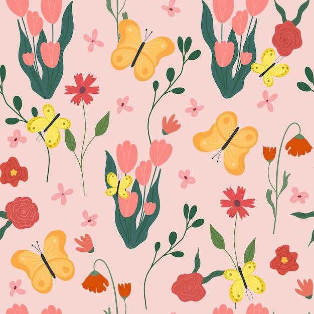 Seamless flower pattern Bright floral background with blossoms and blooms print Colored flat vector illustration for textile Repeating texture design