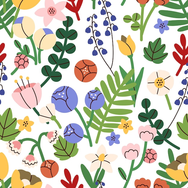 Seamless flower pattern. Bright floral background with blossoms and blooms print. Repeating texture design. Multicolored endless backdrop for decor. Colored flat vector illustration for textile.