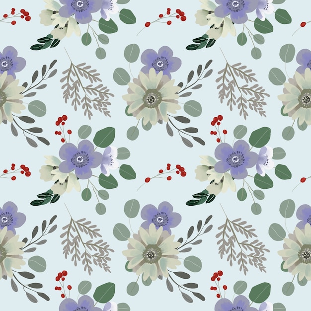 Seamless flower pattern of eucalyptus leaves and anemone