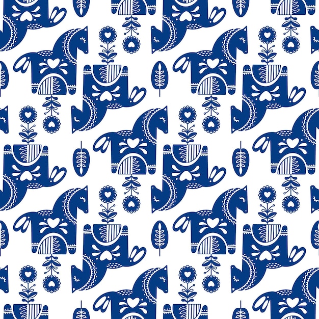 Seamless folk art vector pattern with horses and flowers scandinavian navy blue repetitive