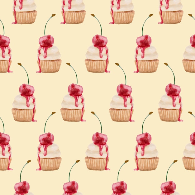 Seamless food pattern watercolor cupcake with cherry vector