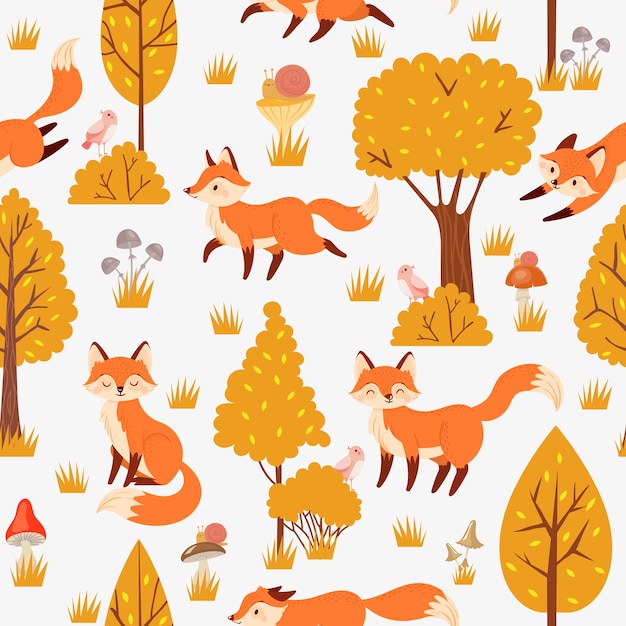 Vector seamless forest foxes pattern.