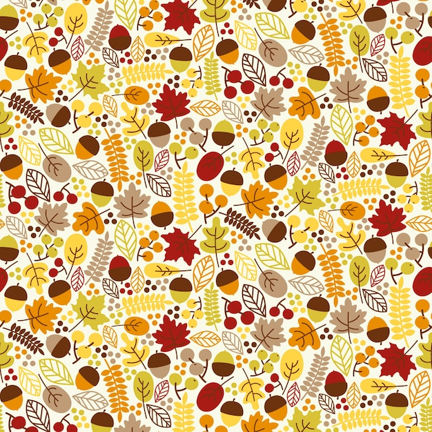 Vector seamless forest pattern with acorns and autumn leaves, branches, berries. fall background. vector wallpaper.