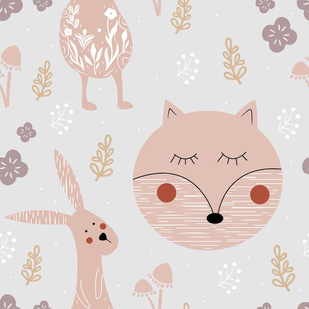 Вектор Бесшовный лесной узор с лисой и кроликом симпатичный нарисованный вручную фон векторная иллюстрация творческая детская текстура в скандинавском стиле для обертывания ткани, текстильных обоев, одежды
