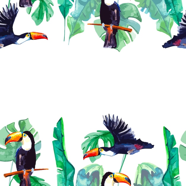 Вектор Бесшовная рамка с тропическими растениями и птицами tucanos акварелью для декора