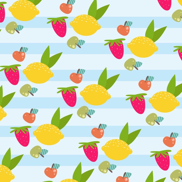Seamless fruit pattern with doodle nenas apples and beautifully colored strauberri