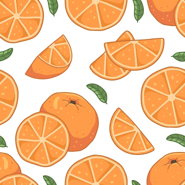 Seamless fruit pattern with oranges and leaves on a white background Vector illustration background