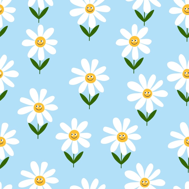 Seamless funny pattern with simple chamomile with smile on blue background