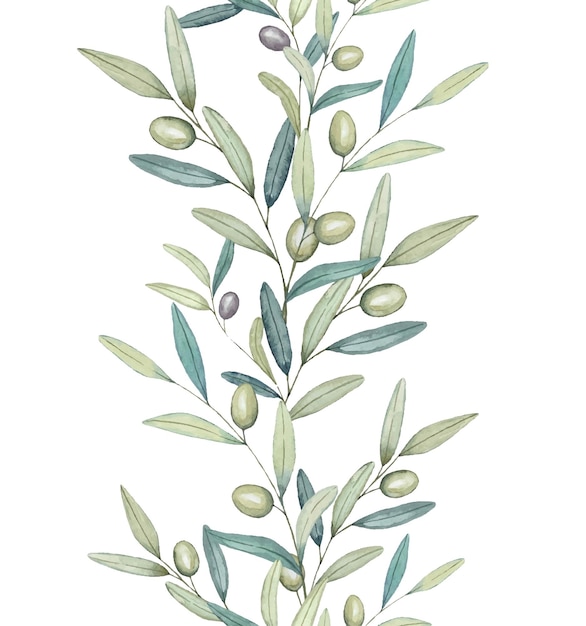 Бесшовная гирлянда из оливковых ветвей граничит с оливковыми ветвями Акварель ручной рисунок иллюстрации