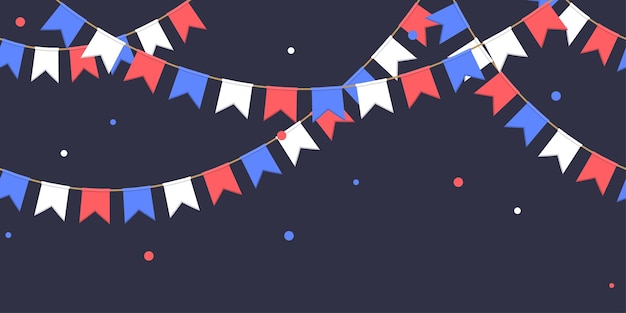 Vector seamless garland with celebration flags chain white blue red pennons with confetti vector