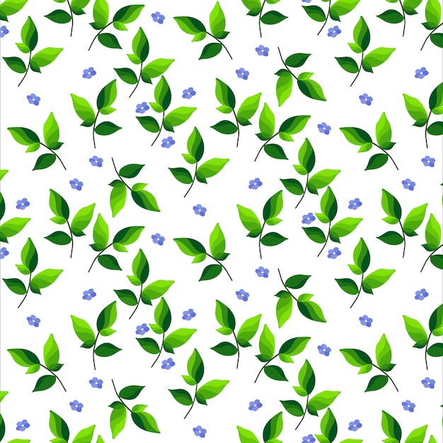 Seamless gentle spring pattern of green leaves and blue forgetmenots ideal for printing