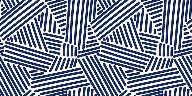 Seamless geometric doodle lines pattern Blue stripes on white background