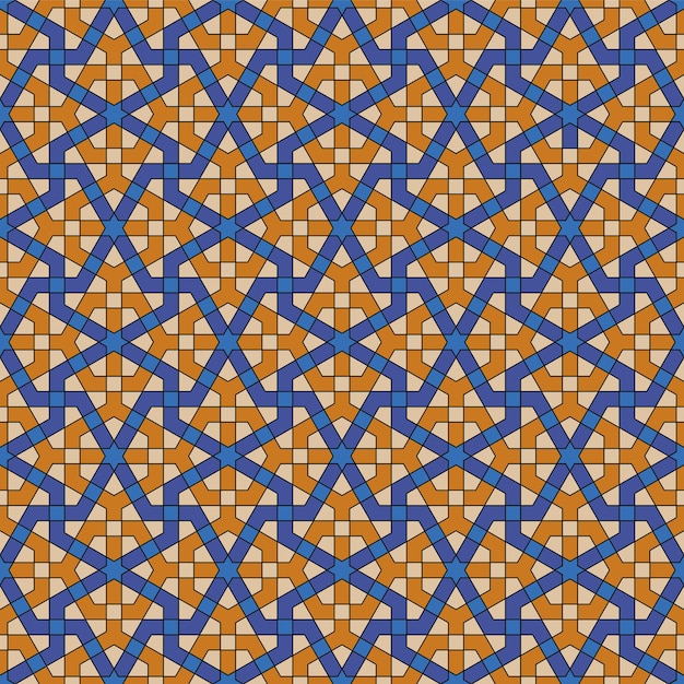 Бесшовный геометрический орнамент, основанный на традиционном исламском искусстве. синий, оранжевый цвета.