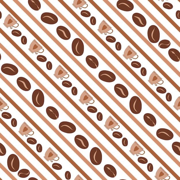 Seamless geometric pattern background with offee cups and beans decorated with light brown diagonal lines Repeated wallpaper on white