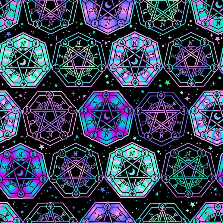 Vector seamless geometric pattern of magical symbols