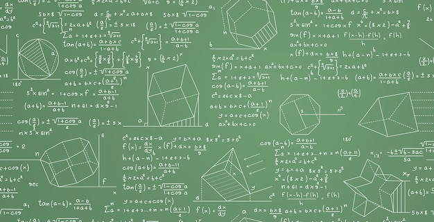 Forme geometriche senza cuciture con numeri e formule su una lavagna