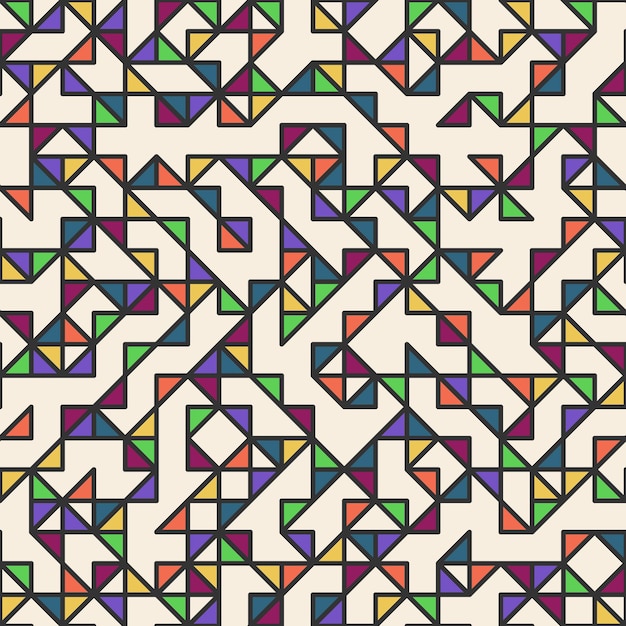 Seamless geometric simple pattern of colored triangles mosaic With black outline