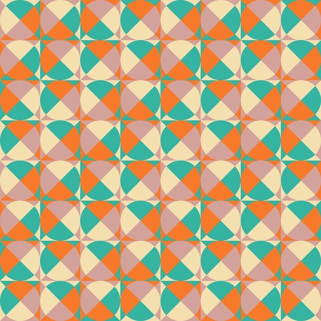 色付きの三角形と円、モザイクのシームレスな幾何学的なシンプルなパターン。包装紙、テーブルクロス、ベッドリネン。