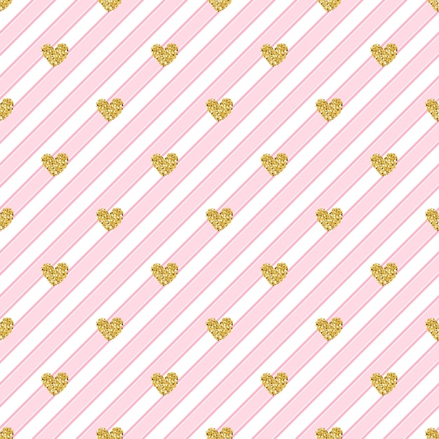 Seamless gold heart glitter pattern on pink stripe background